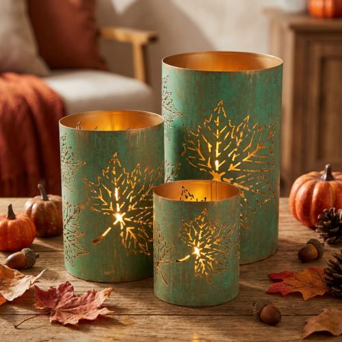 3er-Set Windlichter Metall gold-türkis Ø8/10/13cm Herbstblattmotiv | Floristik24.at