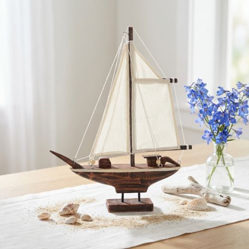 Segelboot Deko aus Pinienholz Braun Creme 32×5×41cm auf Holzsockel | Floristik24.at