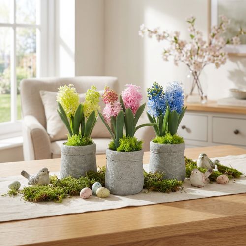 Hyazinthe künstlich im Kunststoff-Topf, Gelb, Rosa, Blau, H 23 cm, 3 Stück | Floristik24.at