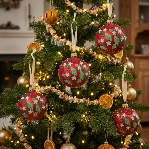 Weihnachtskugeln Glas Rot Ø8cm mit Wiesen-Motiv 6 Stück | Floristik24.at