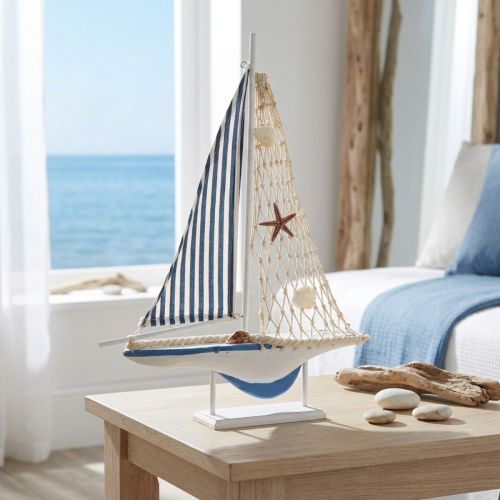 Artikel Deko Segelboot aus Holz mit Muscheln in Weiß und Blau 26,5 x 37 cm
