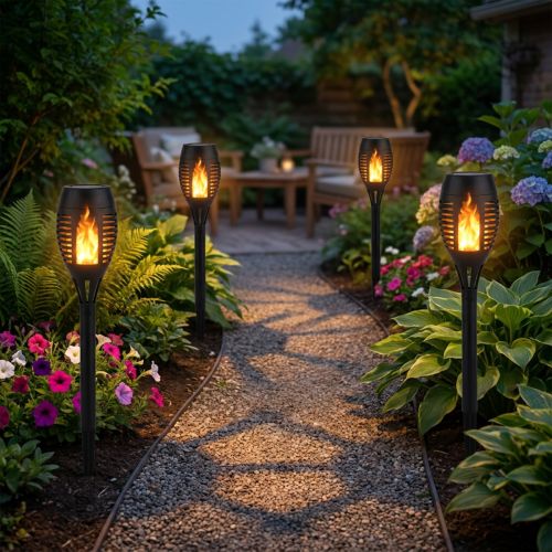 Artikel Solar-LED-Fackeln mit Flammeneffekt, 4er-Set, H38 cm, Schwarz, für Garten und Balkon