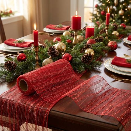 Tischband Gitterstruktur Rot Gold 26cm x 300cm Baumwolle Polyester | Floristik24.at