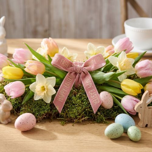 Artikel Samtband Dekoband Happy Easter Polyester Viskose 15mm Rosa 5m