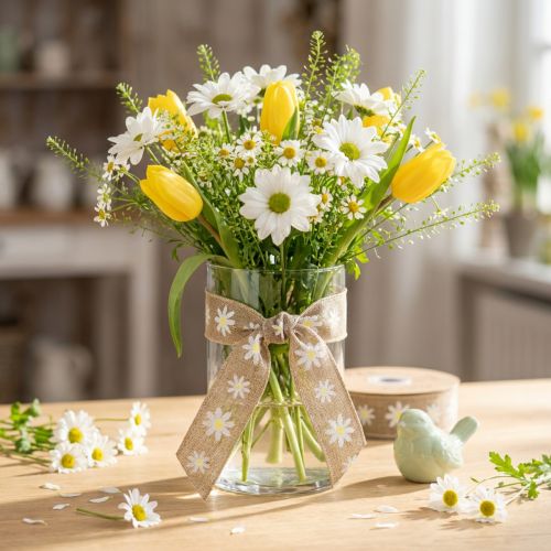 Geschenkband Polyester Braun Weiß mit Blumen 15mm x 15m | Floristik24.at