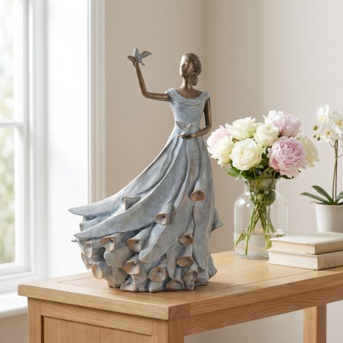 Artikel Figur Frau mit Vogel aus Polyresin, 41 cm, Kupferfarben mit geweißtem Kleid