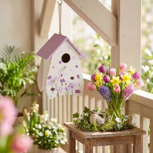 Artikel Vogelhaus aus Holz mit Blumenmotiv, 21 cm, Weiß mit Lila Dach, dekorativ für Innenbereiche