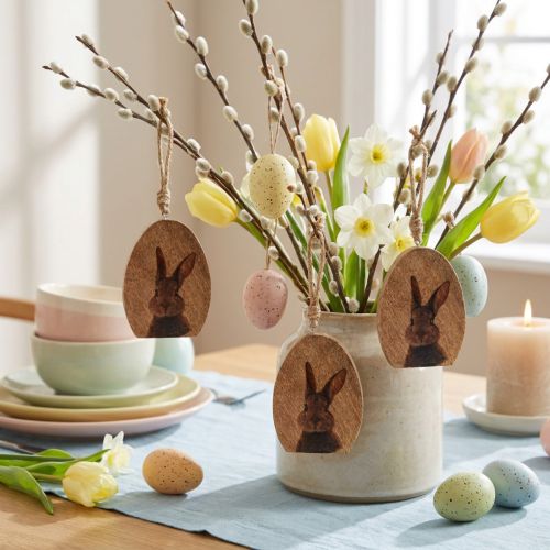 Artikel Osteranhänger Holz Ei mit Hasenmotiv 8x10,5 cm Naturfarbe 4 Stück