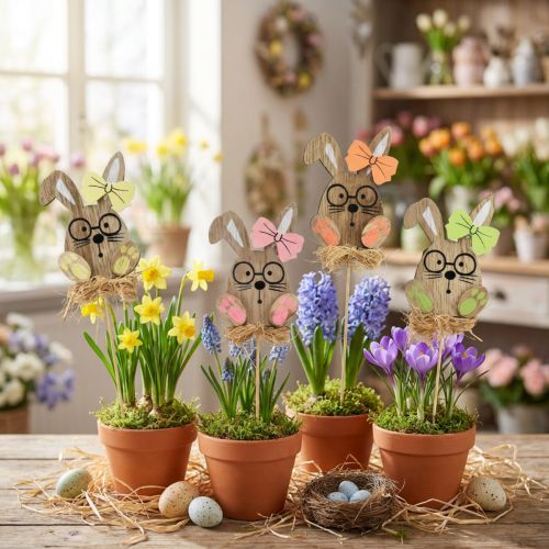 Artikel Blumenstecker Holz Osterhase mit Brille 8,5 cm Naturfarben 12 Stück