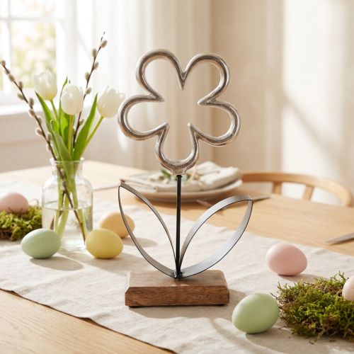 Metall Blume Deko Schwarz Silber H36cm mit Holzsockel für Tischdekoration | Floristik24.at