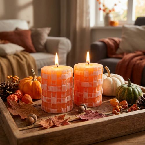 Artikel Rustikale Wachsstumpenkerzen Orange 80x65mm Selbstverlöschend 2er-Set