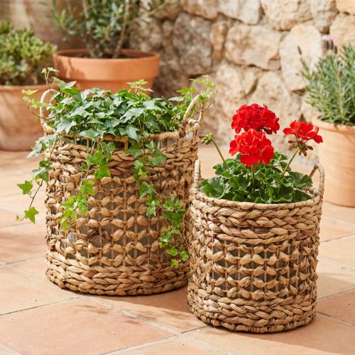 2er Set Pflanzkörbe aus Seegras und Wasserhyazinthe Ø31/26 cm naturfarben mit Griffen | Floristik24.at