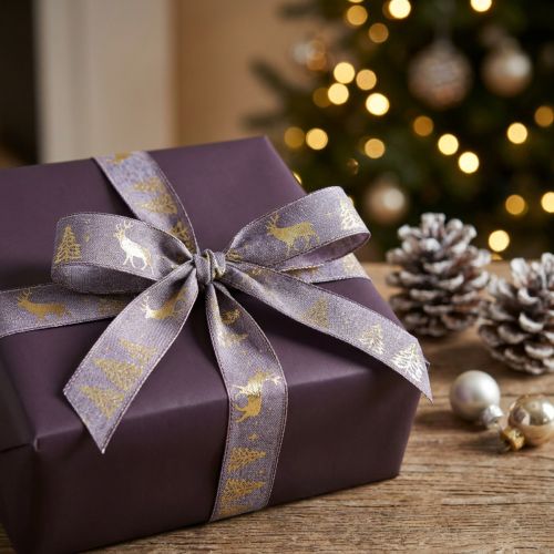 Geschenkband Polyester Lavendel Gold Hirsche 25mm 15m Weihnachtsdeko | Floristik24.at