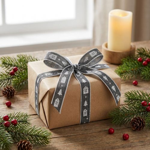 Dekoband Stoff Anthrazit Weiß Häuschen Tannenbäume 15mm x 20m Innenbereich | Floristik24.at