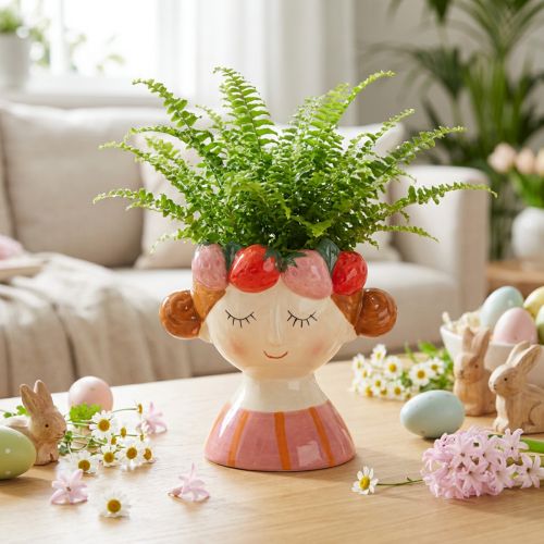Keramik-Blumentopf Mädchen mit Erdbeeren 13 cm Rosa für Wohnzimmerdekoration | Floristik24.at
