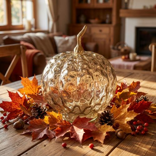Artikel Kürbis aus Glas mit Metallstiel Ø14cm H19cm Rauchgrau und Hellgold - Herbstdeko für Innen