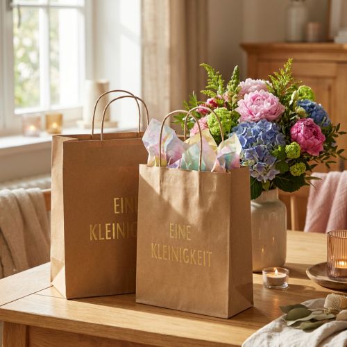 Artikel Geschenktüten Papier Natur Goldprägung „Eine Kleinigkeit“ 20×11×25 cm 6 Stück