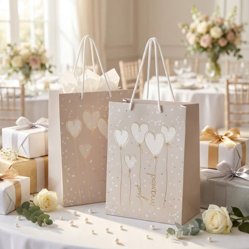 Artikel Geschenktasche Papier Just Married Beige 18×10×23 cm Hochzeit 2 Stück