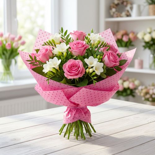 Manschettenpapier Rolle 25cm x 100m mit Punkten in Pink und Schwarz für Floristik und Geschenkverpackung | Floristik24.at