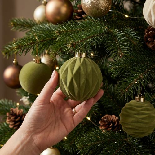 Artikel Weihnachtskugeln Kunststoff Moosgrün 8 cm 12 Stück mit Strukturmix