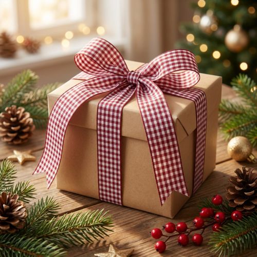 Geschenkband aus Viskose und Polyester, kariert, Bordeaux-Weiß, 25mm x 20m | Floristik24.at