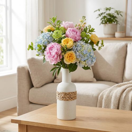 Artikel Weiße Keramikvase mit Seegrasband, H22,5cm, für Trockenblumen und Tischdekoration