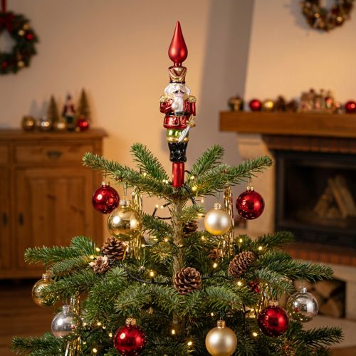 Artikel Christbaumspitze aus Echtglas, 28 cm, rot mit Nussknackerfigur für den Weihnachtsbaum