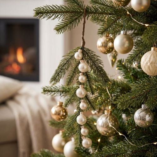 Artikel Künstlicher Tannenzweig mit weißen Mini-Christbaumkugeln 46 cm, 2 Stück für Weihnachtsdeko