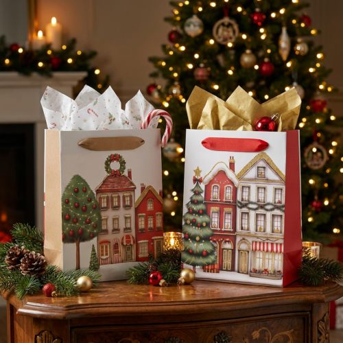 Artikel Weihnachtliche Geschenktüten mit Häusern und Tannenbaum 12 x 6 x 16 cm, 2 Stück