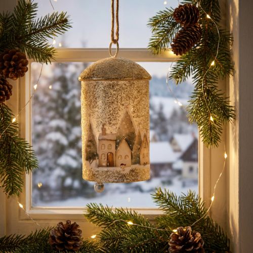 Artikel Metallglocke mit Winterdorf-Motiv, 20 cm, Weiß-Gold
