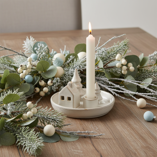Artikel Deko-Kerzenhalter Keramik mit Haus- und Baum-Motiv 16 cm grau-weiß