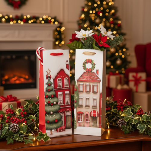 Artikel Geschenktasche für Flaschen, Set 2 Stück, 36 cm, Weihnachtsmotive, Haus und Tannenbaum