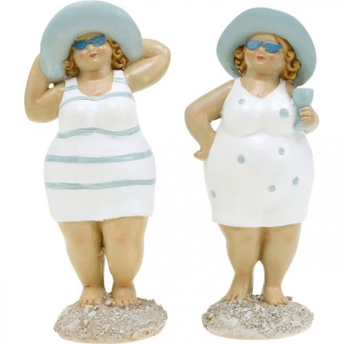 Floristik24 Deko-Figur Damen am Strand, Sommerdeko, Badefiguren mit Hut Blau/Weiß H15/15,5cm 2er-Set
