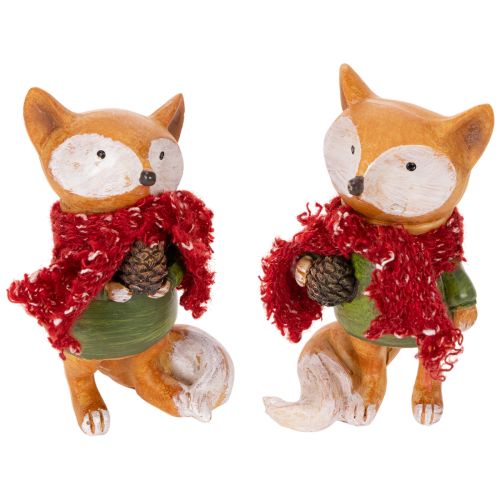 Deko-Fuchs-Set aus Polyresin, 10 cm, mit Schal und Zapfen, 2-teilig, orange-grün