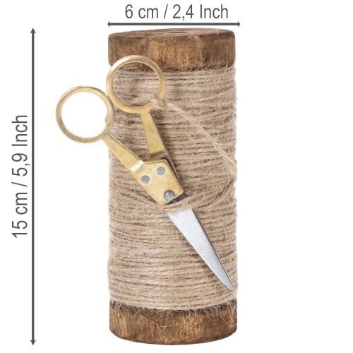 Garnspule aus Holz mit Juteband und Deko-Schere Ø6,5cm H15cm 2-teilig, Vintage-Stil | Floristik24.at
