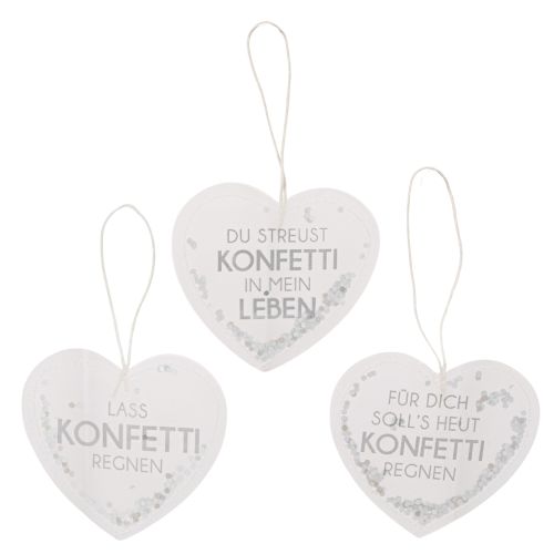 Geschenkanhänger Herz aus Papier mit Konfetti und Spruch ca. 9cm Weiß Silber 6 Stück