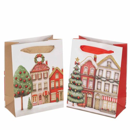 Weihnachtliche Geschenktüten mit Häusern und Tannenbaum 12 x 6 x 16 cm, 2 Stück