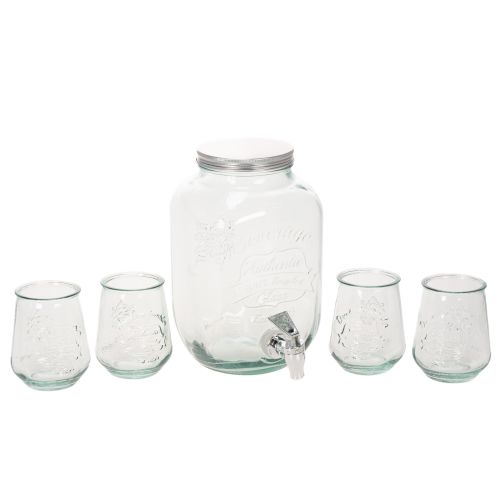 Getränkespender aus Recyclingglas mit Zapfhahn, 4 Gläser, H25,5 cm, klar-grünblau