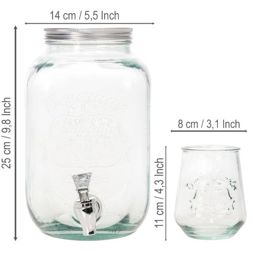 Getränkespender aus Recyclingglas mit Zapfhahn, 4 Gläser, H25,5 cm, klar-grünblau | Floristik24.at