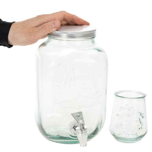 Getränkespender aus Recyclingglas mit Zapfhahn, 4 Gläser, H25,5 cm, klar-grünblau | Floristik24.at