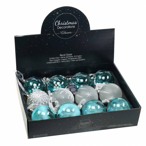 Floristik24 Weihnachtskugel Glas Blau, Weiß Ø8cm Sortiert 12St