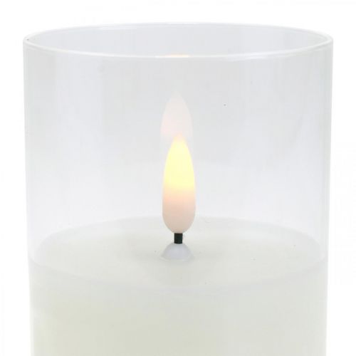 Floristik24 LED-Kerze im Glas mit Flammeneffekt, Indoor-Kerze Warmweiß, LED mit Timer Batteriebetrieben Ø7,5 H12,5cm