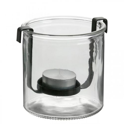 Windlicht Glas mit Teelichthalter Schwarz Metall Ø9×H10cm