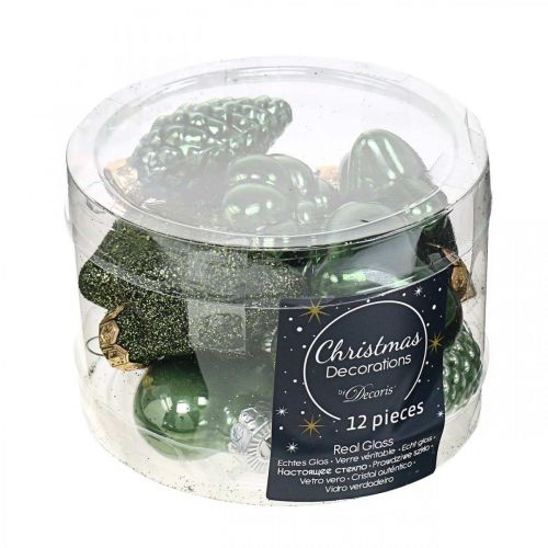 Floristik24 Mini Christbaumschmuck Mix Grün Glas Weihnachtsdeko sortiert 4cm 12St