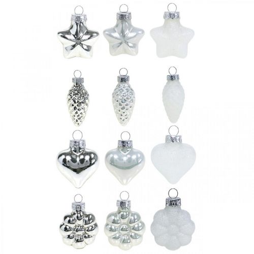 Floristik24 Mini Christbaumschmuck Mix Glas Weiß, Silber sortiert 4cm 12St