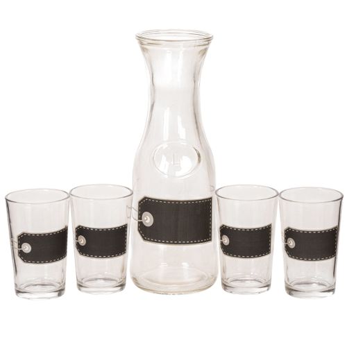 Glaskaraffe 27cm mit 4 Gläsern 11cm aus transparentem Glas, schwarz-grau beschriftbar