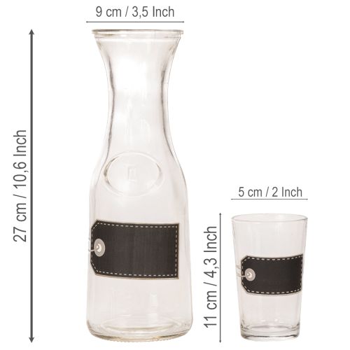 Glaskaraffe 27cm mit 4 Gläsern 11cm aus transparentem Glas, schwarz-grau beschriftbar | Floristik24.at
