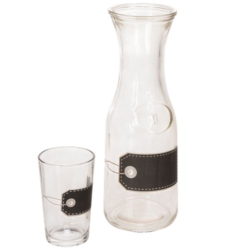 Glaskaraffe 27cm mit 4 Gläsern 11cm aus transparentem Glas, schwarz-grau beschriftbar | Floristik24.at