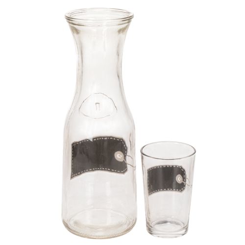 Glaskaraffe 27cm mit 4 Gläsern 11cm aus transparentem Glas, schwarz-grau beschriftbar | Floristik24.at