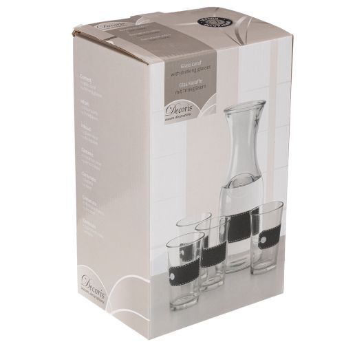 Glaskaraffe 27cm mit 4 Gläsern 11cm aus transparentem Glas, schwarz-grau beschriftbar | Floristik24.at